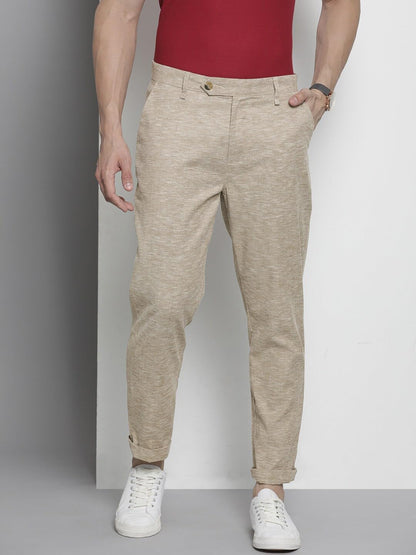The Indian Garage Co Men Slim Fit Solid Mid-Rise Trousers Beige