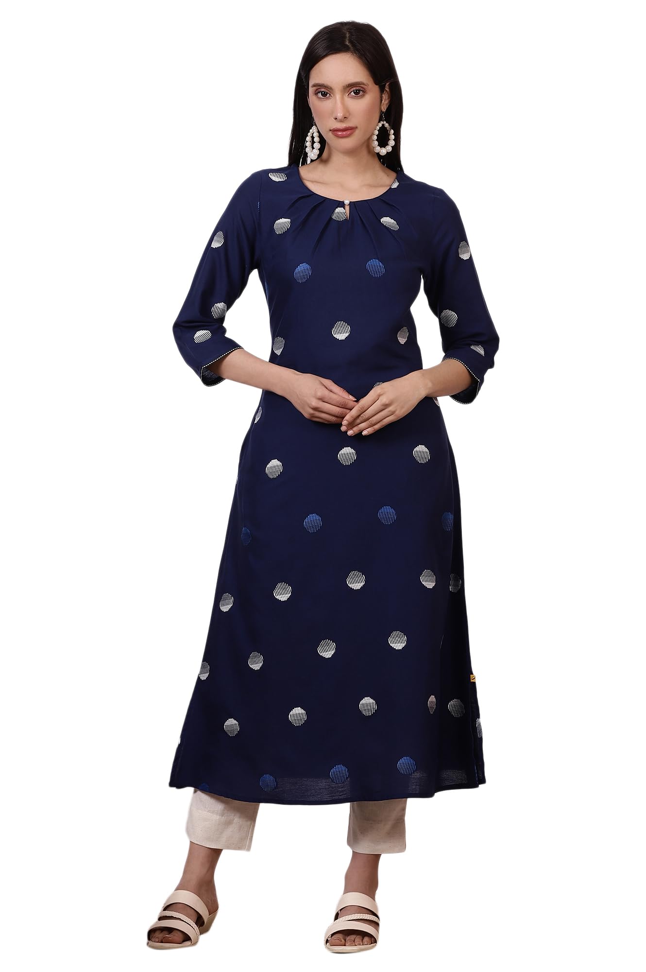 Aurelia Women's Indigo Blue Pokla Dots Cotton Rayon Pleated A-line Kurta (Size: S)-A15640-705604
