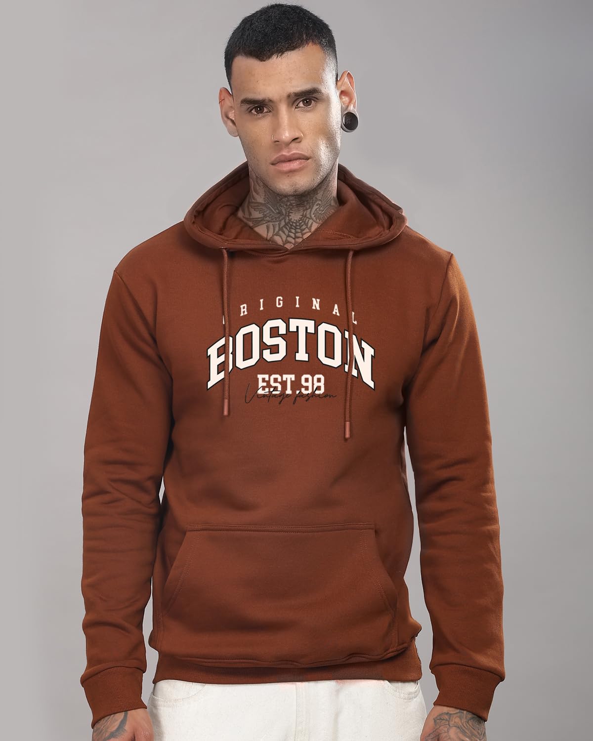ADRO Men's Cotton Neck Hooded Sweatshirt (H24-BOST-BR_Downtown Brown