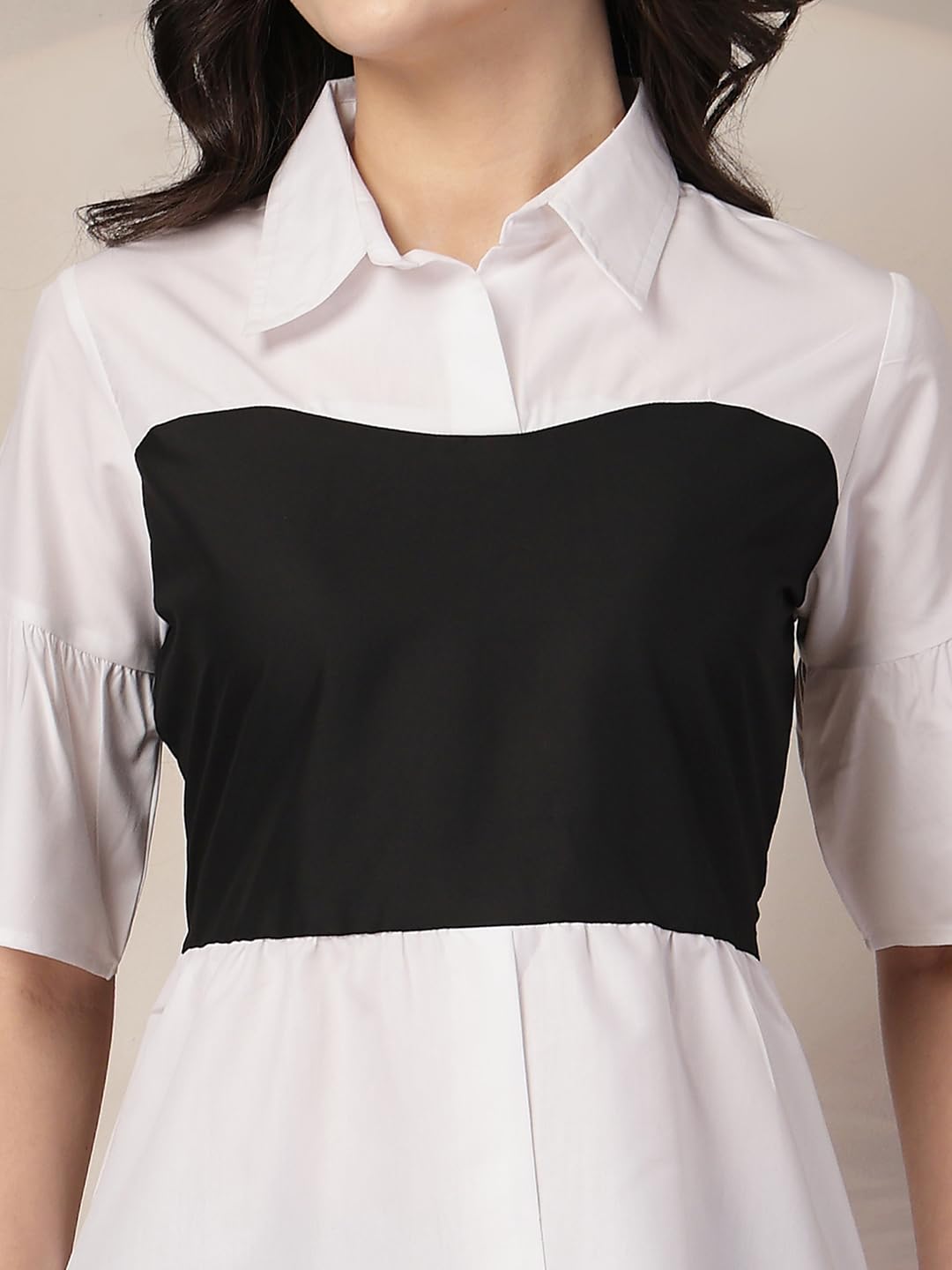 Style Quotient Women Color Block White and Black Regular Fit Semi Formal Polycotton Top
