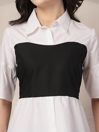 Style Quotient Women Color Block White and Black Regular Fit Semi Formal Polycotton Top