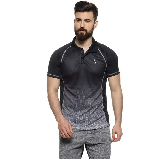 Campus Sutra Mens Black & Grey Ombre Polo Activewear T-Shirt for Casual Wear | Spread Collar | Short Sleeve | Half-Button Closu