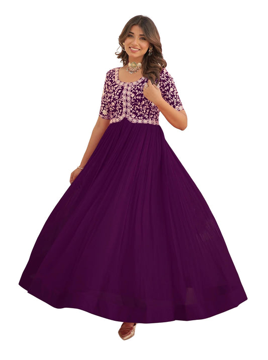 Wedani Georgette Embroidered Long Gown for Women Purple