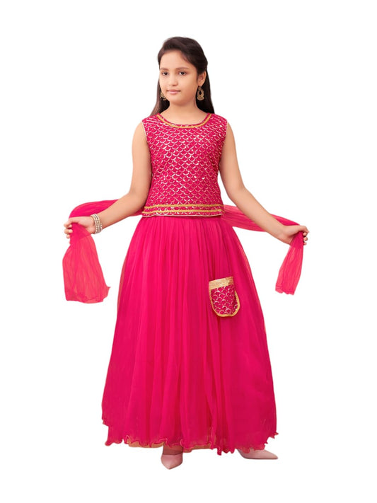 Aarika Girls Ethnic Wear Rani Colour Sequin Embroidery Georgette Lehenga Choli Set Attached Bag (4-10 Years)