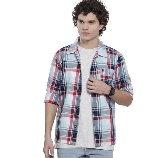 The Indian Garage Co Men Blue Checkered Regular Fit Cotton Casual Over Shirt
