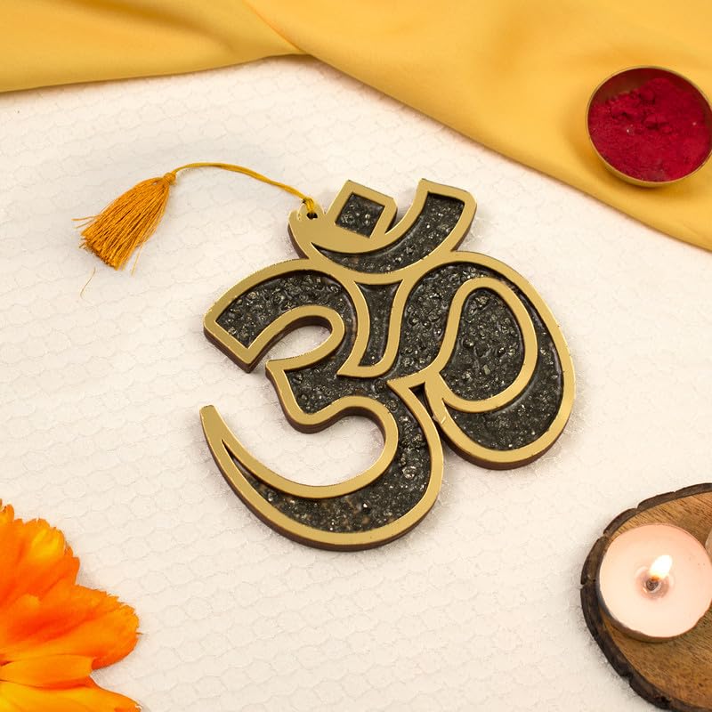 Astrotalk Pyrite Om Wall Hanging 13x13cm | Vastu Wall Decor Item with Natural Pyrite Stone | For Wealth, Protection & Positive Energy | Home Decor for Living Room, Bedroom & Mandir