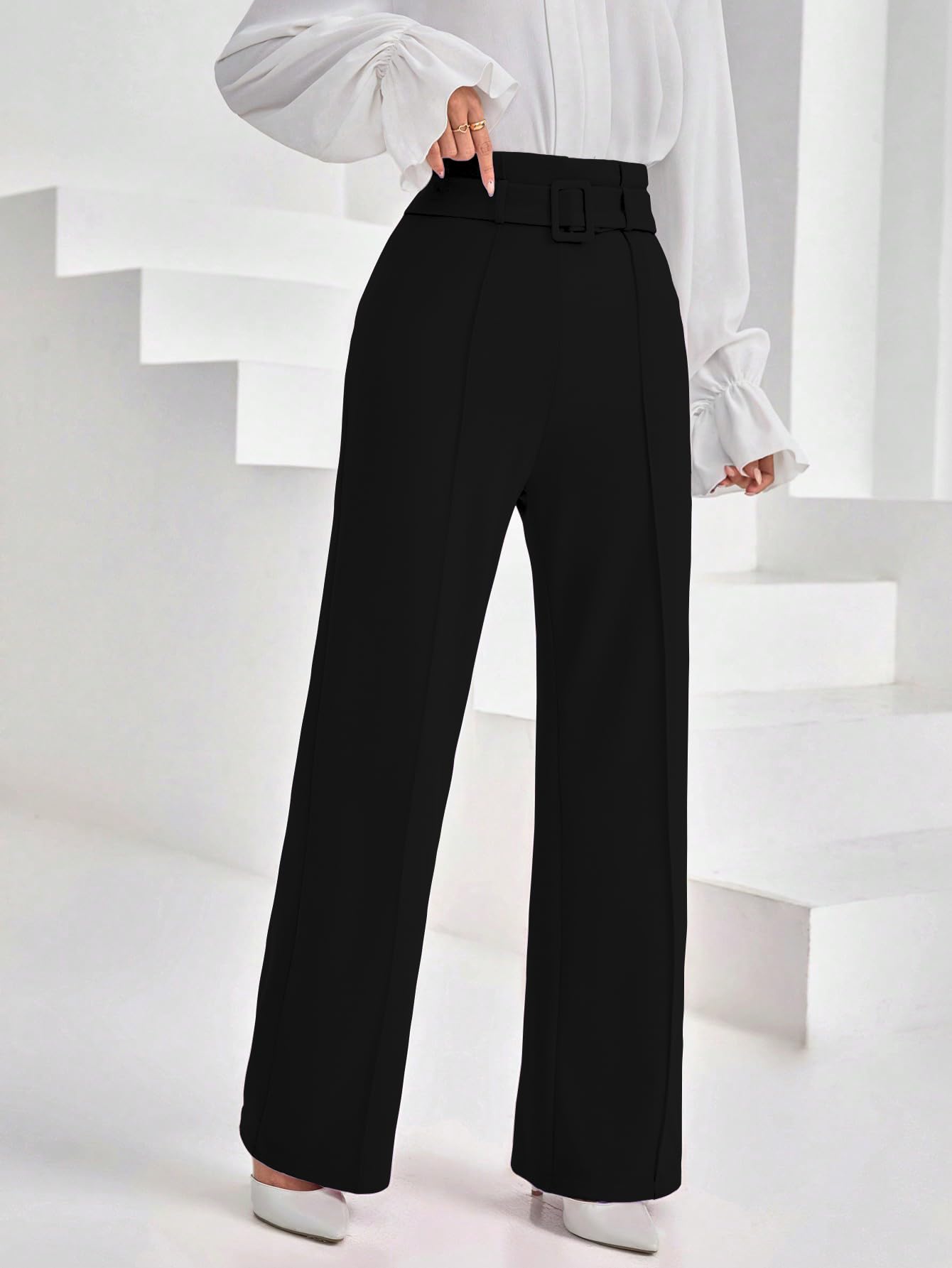 Shasmi Womens Elegant Black Solid Color High Waisted Belted Toothpick Stripe Design Straight Loose Casual Women Pants, Minimali