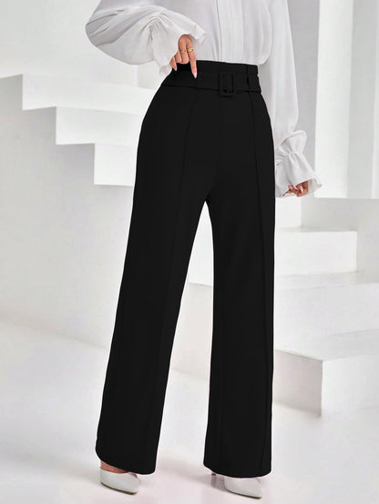 Shasmi Womens Elegant Black Solid Color High Waisted Belted Toothpick Stripe Design Straight Loose Casual Women Pants, Minimali