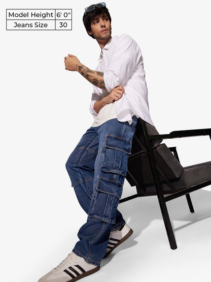 The Souled Store Denim: Washed Blue Men and Boys Buttoned Baggy Fit Cargo Jeans