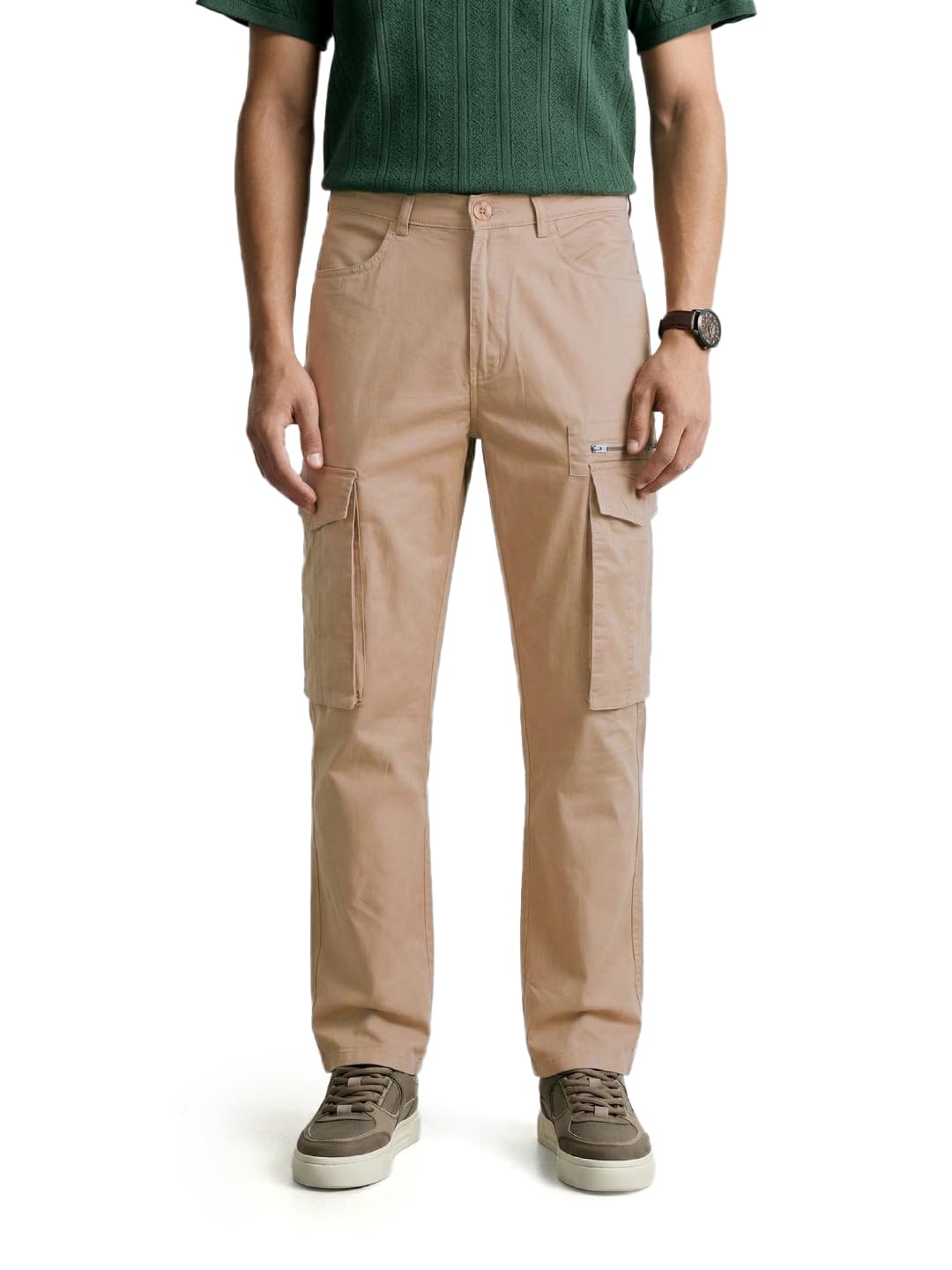 The Indian Garage Co Mens Mid-Rise Stretchable Relaxed Fit Cargo Pants
