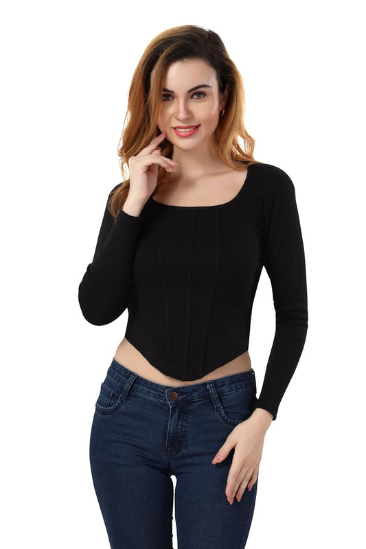 Fabme WomenS Full Sleeves, Square Neck Stylish Rib Crop Top - Black