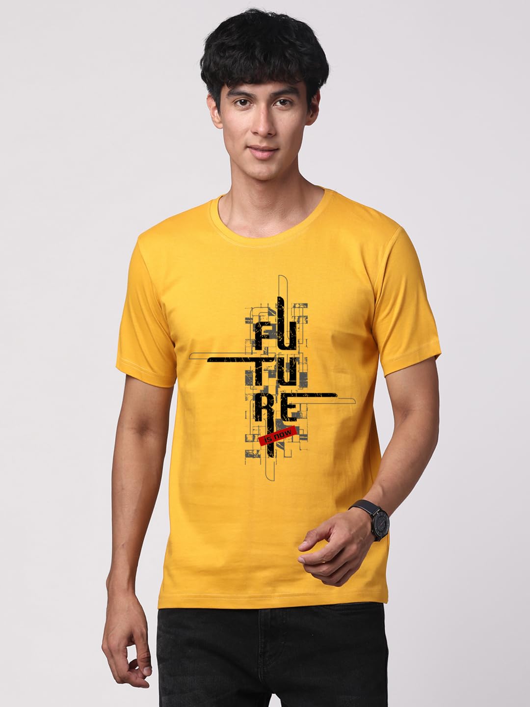 ADRO Men's Graphic Printed 100% Cotton T-Shirt - Regular Fit, Printed T-Shirts for Men (RN24-FTR-MU_Mustard)