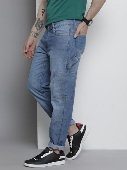 The Indian Garage Co Men Carpenter Fit Solid Mid-Rise Cargo Denim