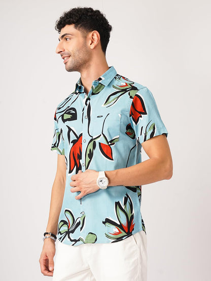 The Indian Garage Co Blue Regular Fit Spread Collar Floral Print Short Sleeves Shirt