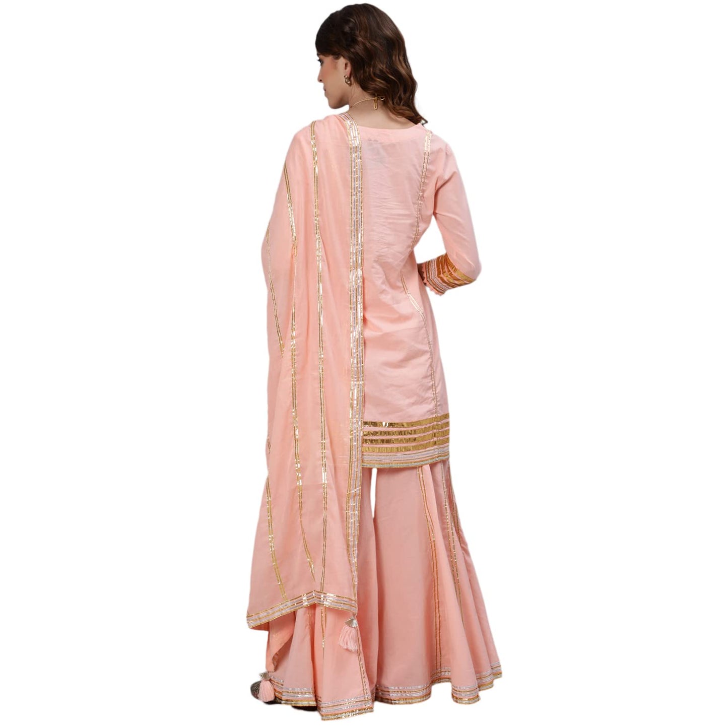 ishin Women's Pure Cotton Embroidered Gotta Patti Peach Checked Print Straight Kurta suit set With Dupatta & Sharara