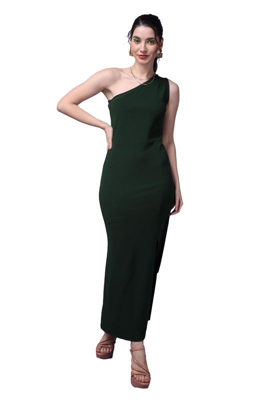 Popwings Casual Solid Asymmetrical Neckline One-Shoulder Side Slit Long Bodycon Dress For Women || Stylish Western Party Long Bo