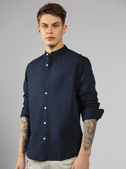 Dennis Lingo MenS| Dark Blue| Full Sleeve| Mandarin Collar| Solid| Relaxed Fit| Casual Shirt