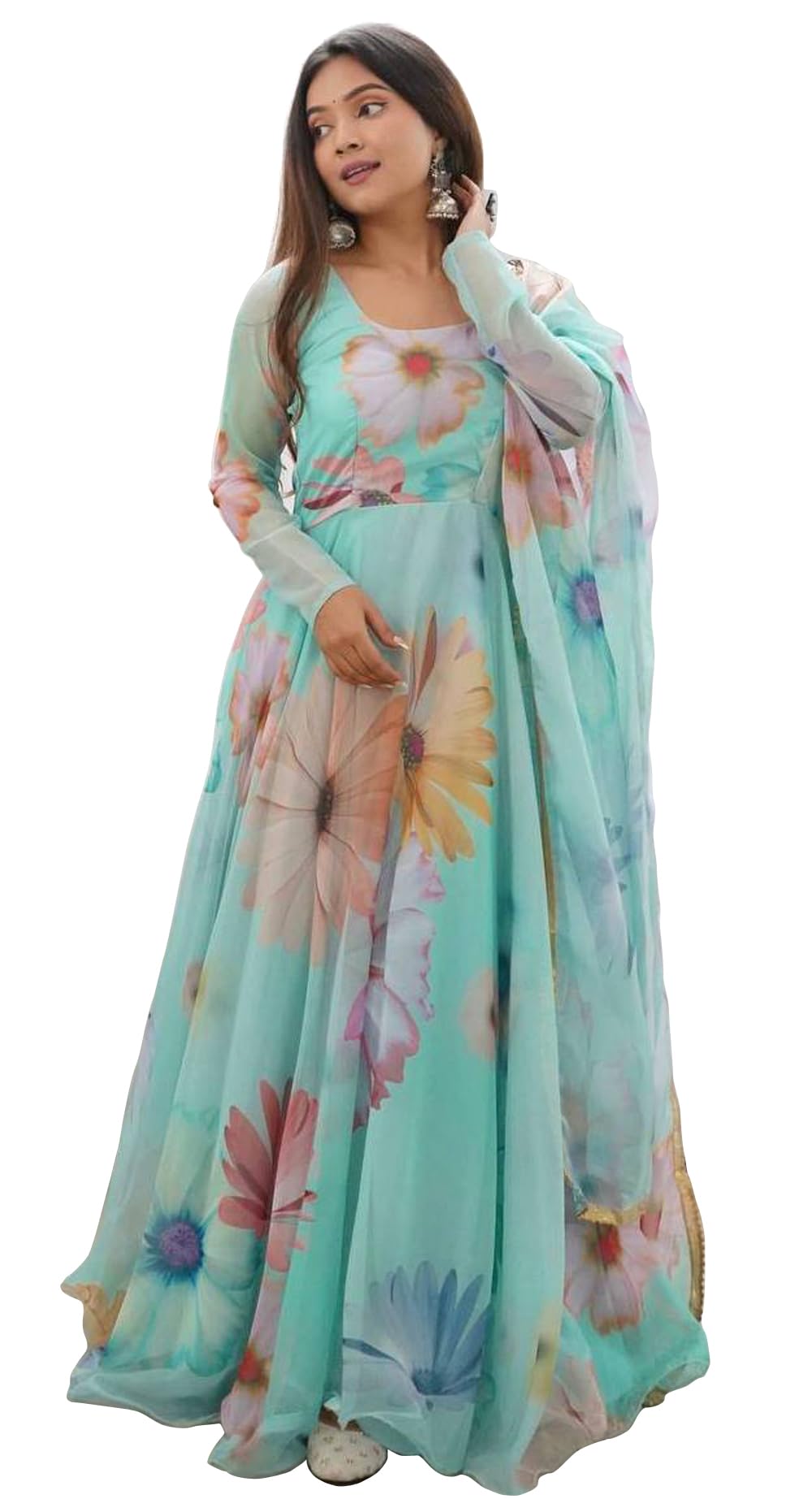 Shasmi Womens Stylish Floral Printed Sea Green Orgenza Anarkali Dress Gown, Kurta with Dupatta Set Anarkali Floral Printed Gown