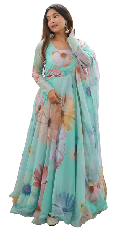 Shasmi Womens Stylish Floral Printed Sea Green Orgenza Anarkali Dress Gown, Kurta with Dupatta Set Anarkali Floral Printed Gown
