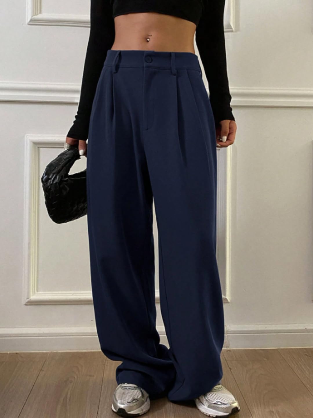 OOMPH! Womens High-Waisted Pant | Wide Leg Trousers | Korean Style Stretchable Trouser Navy Blue