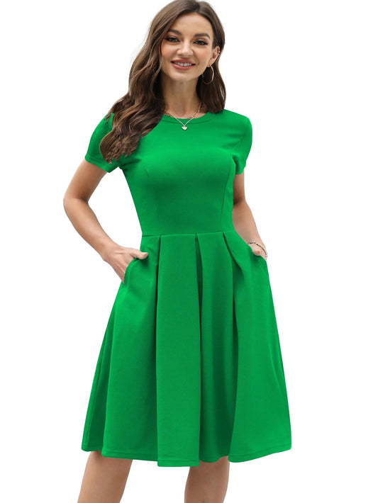 Shasmi GirlS & WomenS Solid Green Color Solid Slant Pocket Fold Pleated, Women Cocktail Party Vintage Style With Pockets Big S