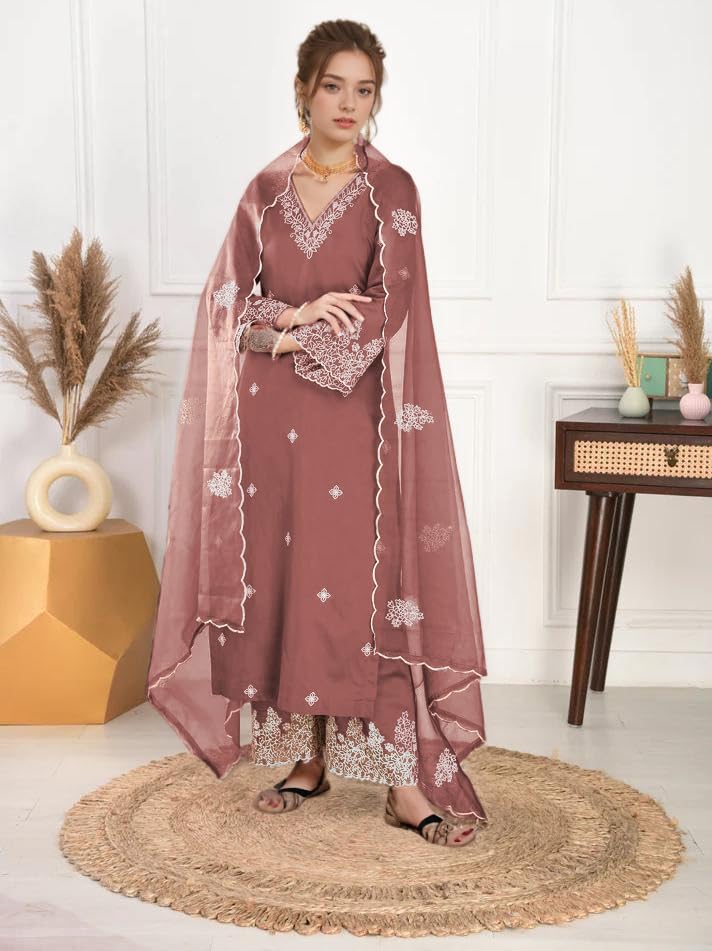 Shienzy WomenS Embroidered Chanderi Kurta Pant Set With Net Dupatta | V Neck, 3/4 Sleeve Ethnic Set | Outfit For Office Wear (1