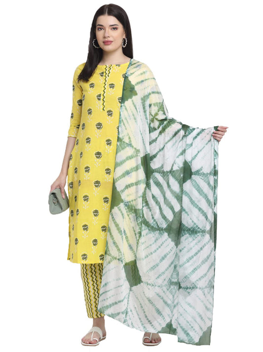 ANNI DESIGNER Women's Cotton Straight Kurta with Palazzo & Dupatta (KPZD-COT-10011-YELLOW)