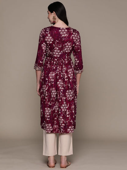 ishin Women's Viscose Rayon Embellished Maroon A-Line Kurta