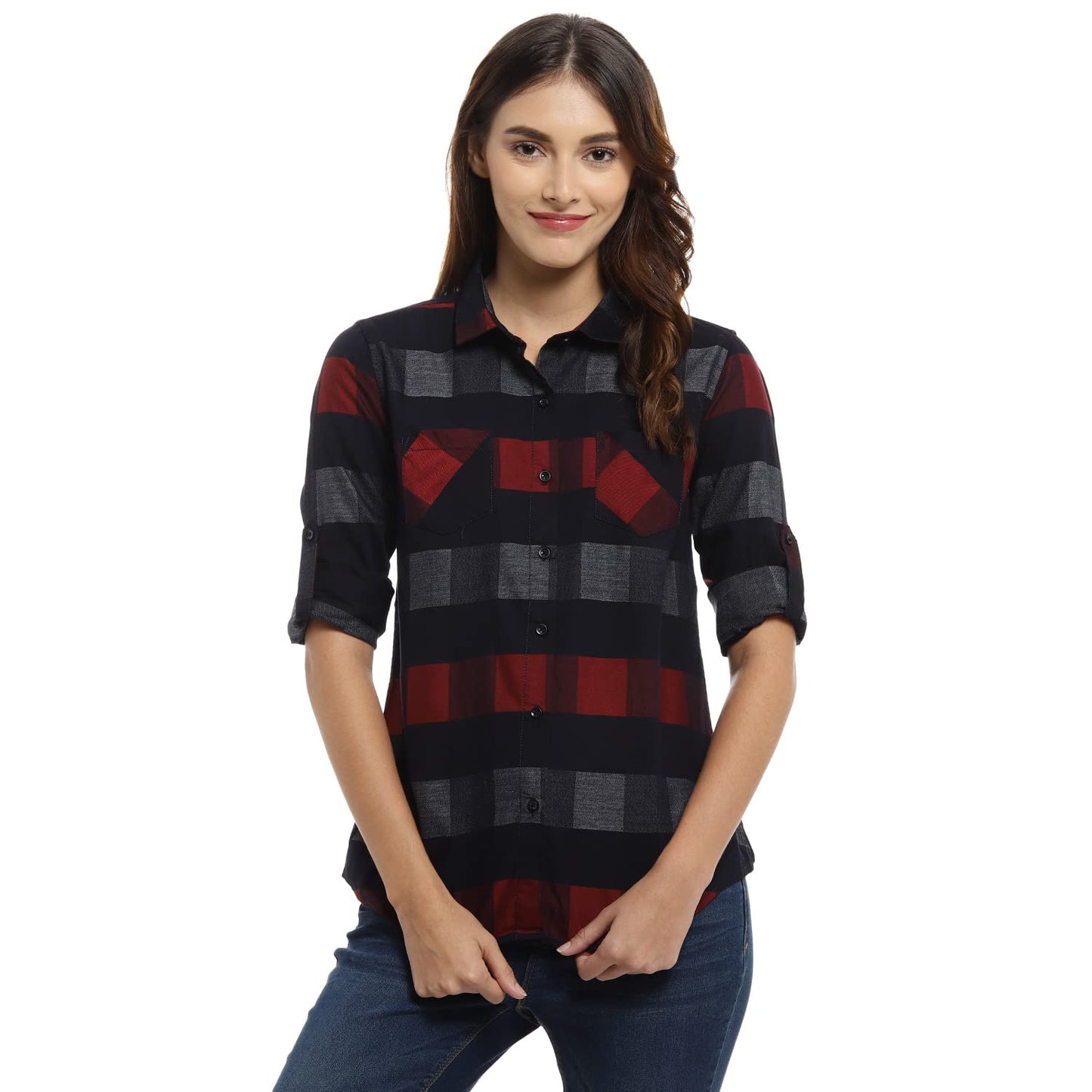 Campus Sutra Womens Multi-Coloured Checkered Button Up Shirt Regular Fit for Casual Wear | Structured Shirt Crafted with Regula