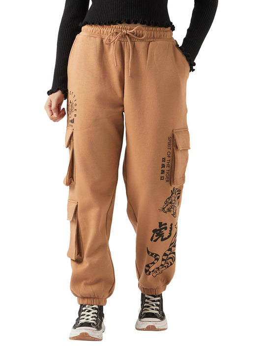Bewakoof Heavy Duty 1.0 Womens Graphic Print Super Loose Fit Cotton Poly Cargo Joggers_654846_Brown_2XL