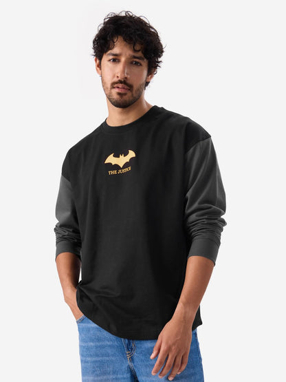 The Souled Store Official Batman: The Justice Round Neck Full Sleeve Black Graphic Printed Cotton Oversized T-Shirts for Men & B