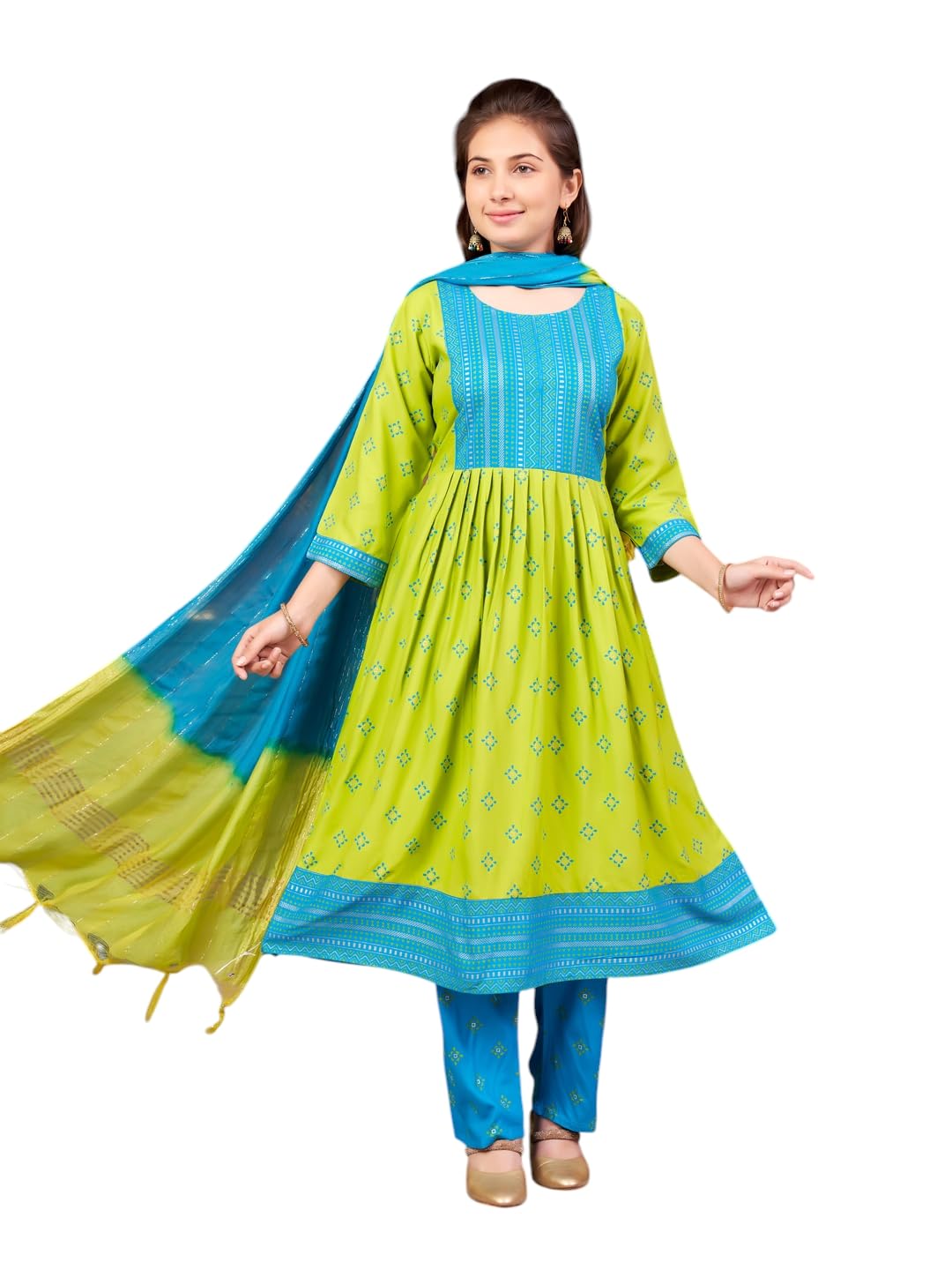 Aarika Girls Ethnic Wear Green-Firozi Colour Foil Print Rayon Kurti-8-15 Years (Kurti-Ap-801)