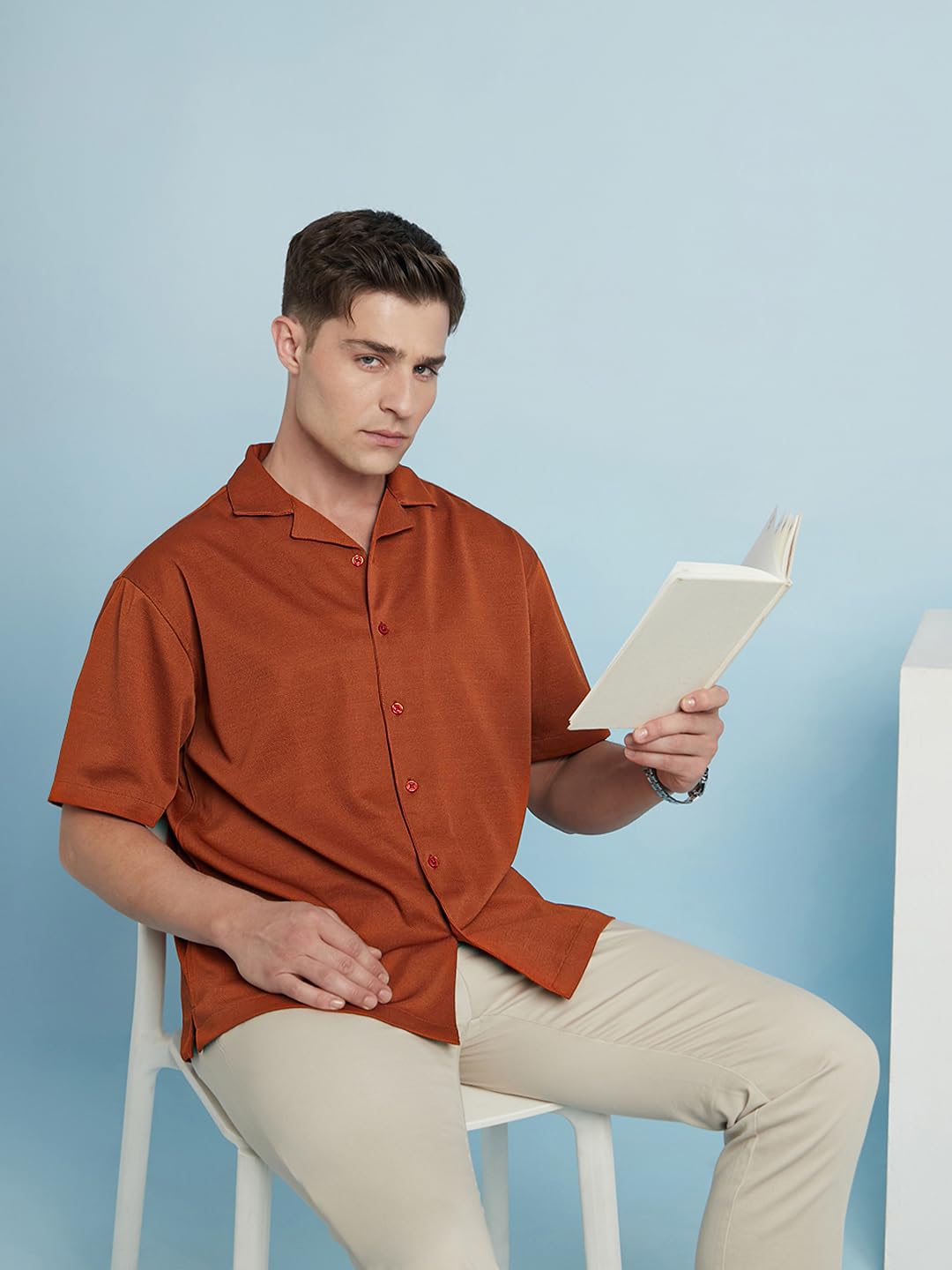 Dennis Lingo Men Polyester Relaxed Fit Textured Shirts Rust