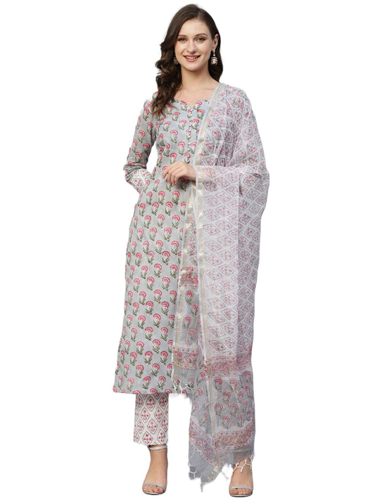 ANNI DESIGNER Women's Cotton Blend Straight Printed Kurta with Pant & Dupatta (Lord Grey)