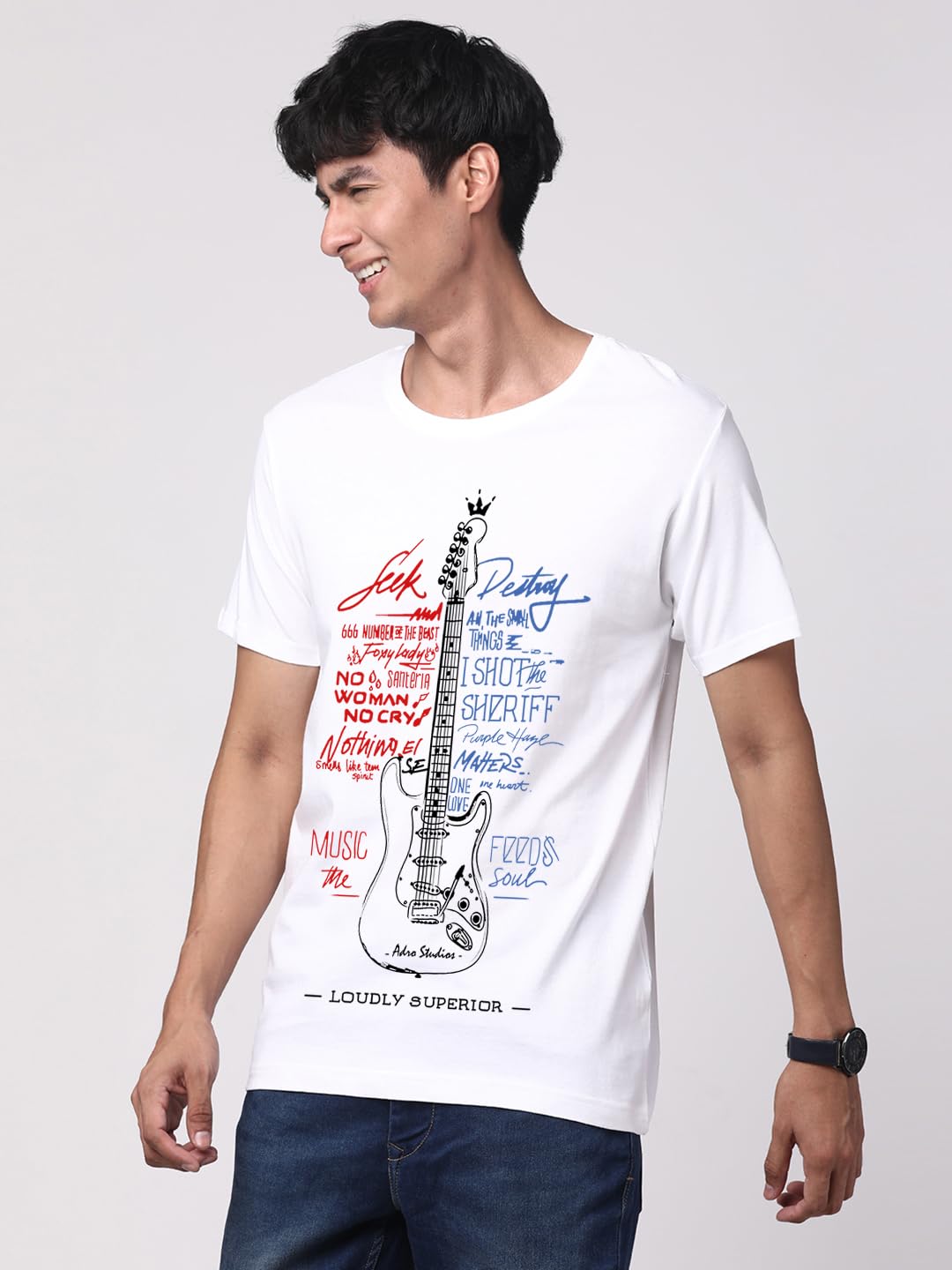 ADRO Guitar Design Printed T-Shirt for Men - 100% Cotton, Regular Fit, Soft Breathable Fabric. (RN23-M-GTR-WH_White)