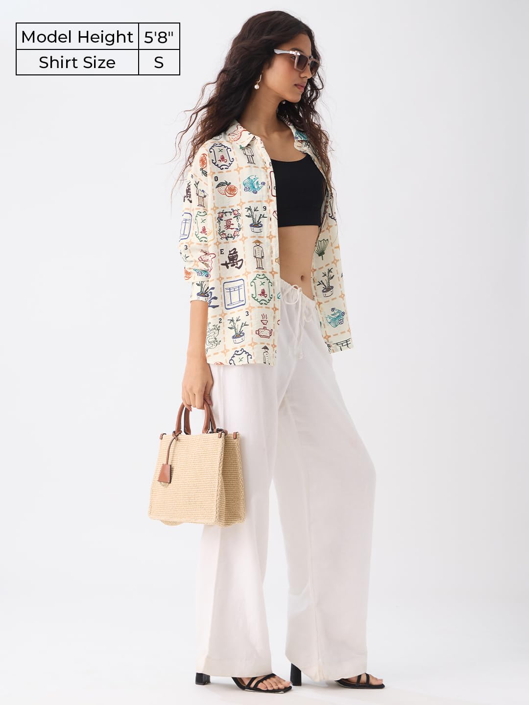 The Souled Store Textured Shirt: Mahjong Tiles Women and Girls Long Sleeves Collared Neck Button Front Beige All Over Printed Ov