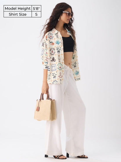 The Souled Store Textured Shirt: Mahjong Tiles Women and Girls Long Sleeves Collared Neck Button Front Beige All Over Printed Ov
