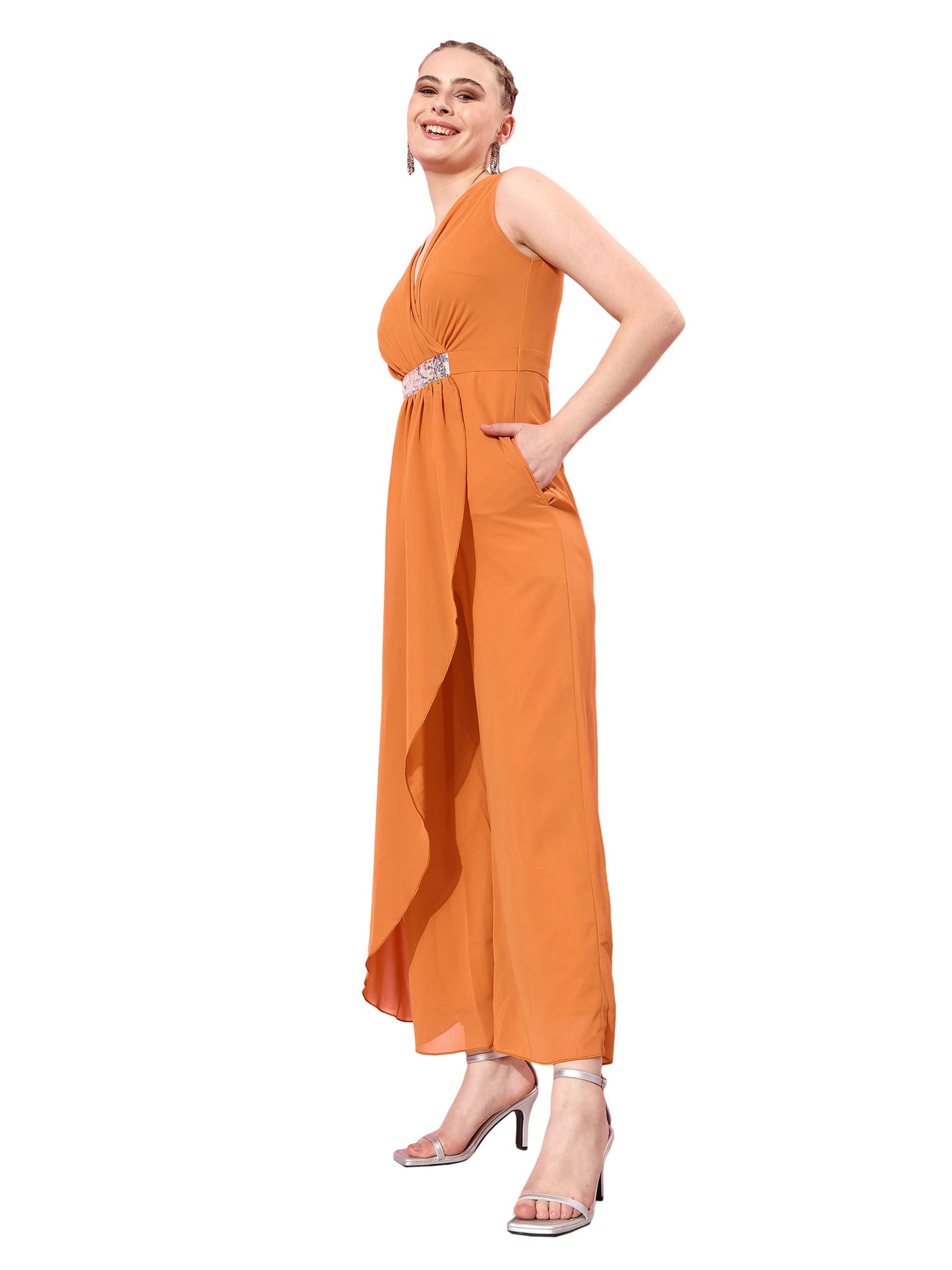 Miss Chase WomenS Dusty Orange V-Neck Sleeveless Embellished Wrap Regular-Length Jumpsuit (Mcaw22D15-50-284-06, Dusty Orange, X