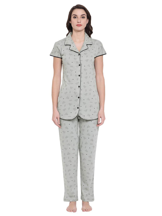 Clovia Womens Printed Button Down Shirt & Pyjama Set (LS0491P01_Grey_XL)