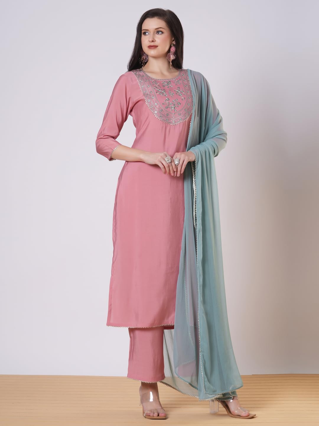 ANNI DESIGNER Women s viscose rayon embroidered straight Kurta with trousers and dupatta, Pink, XL