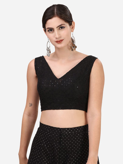 OOMPH! Womens Indian Ethnic Wear Designer Round Leaf Pattern V Neck Sleeveless Cotton Black Blouse for Saree or Lehnga and Blou