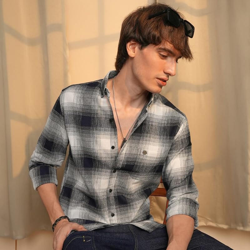 Campus Sutra MenS Charcoal Black & Ivory White Ombre Buffalo Check Shirt | Casual Wear | Spread Collar | Long Sleeve | Button C