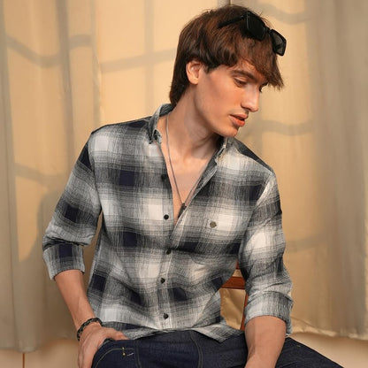 Campus Sutra MenS Charcoal Black & Ivory White Ombre Buffalo Check Shirt | Casual Wear | Spread Collar | Long Sleeve | Button C