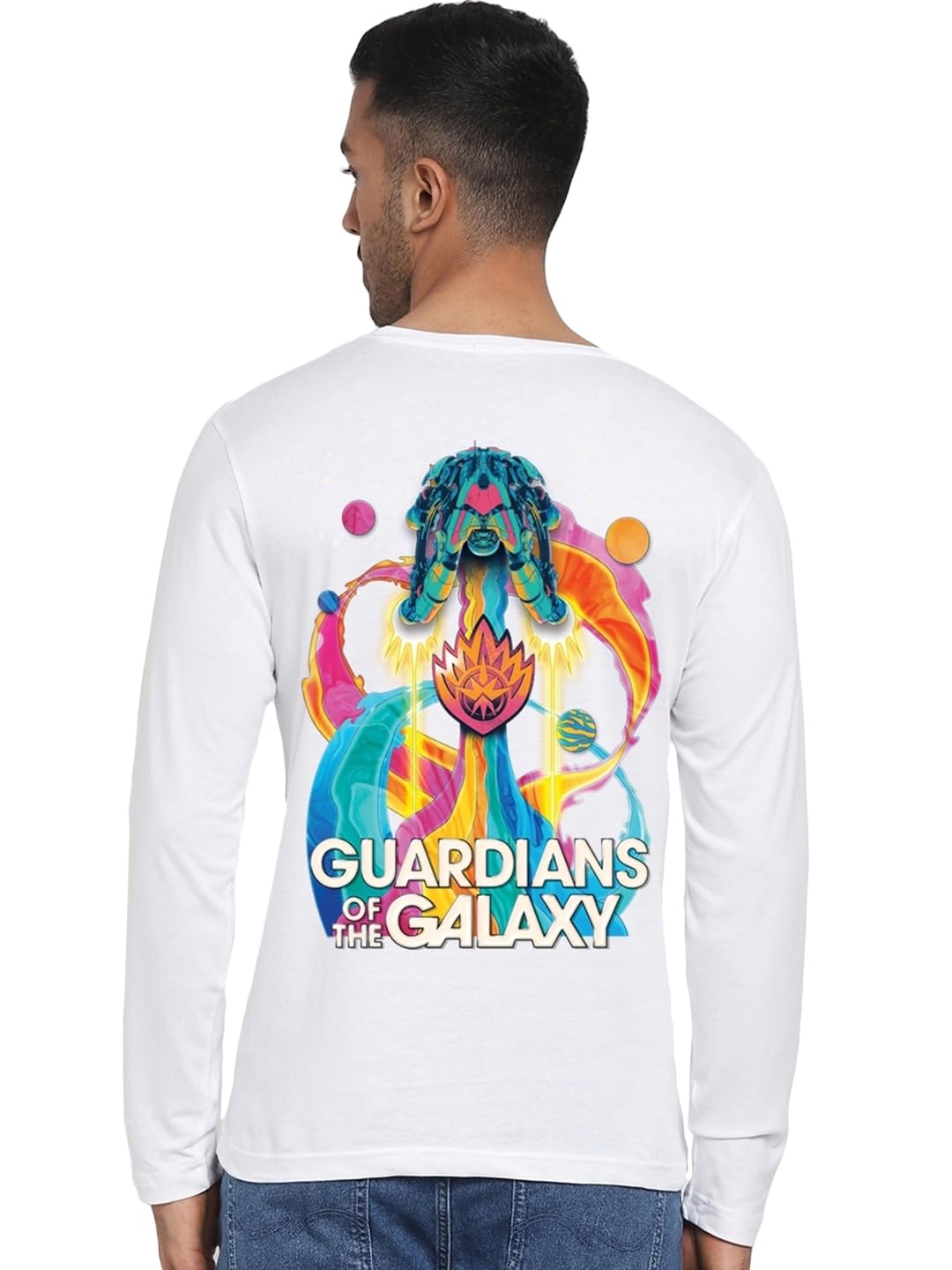Bewakoof X Official Marvel Merchandise Mens Galaxy Ship Graphic Printed Cotton Jersey T-Shirt - Regular Fit, Round Neck, Full S