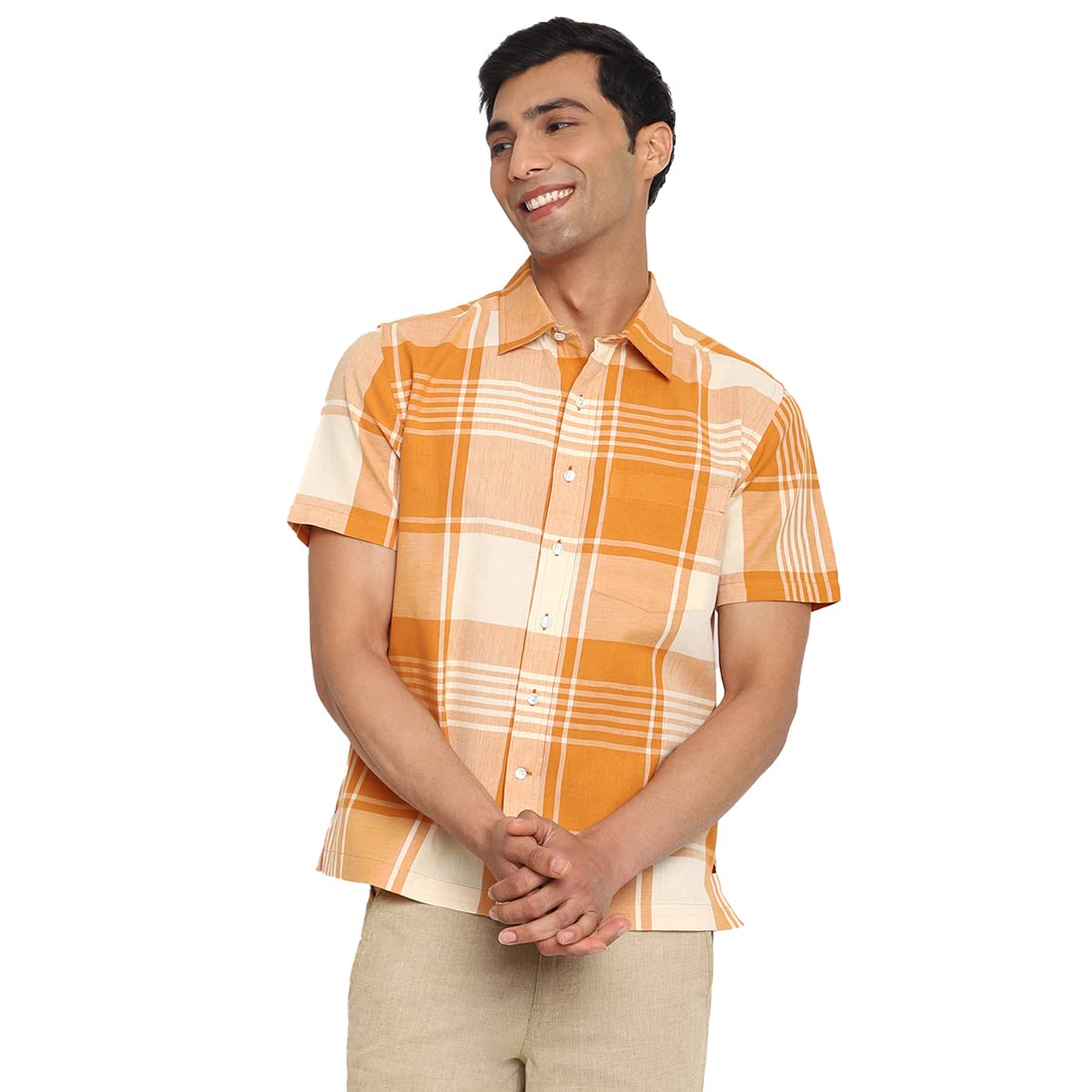 Fabindia MenS Checks Straight Fit Shirt (102972501_Orange