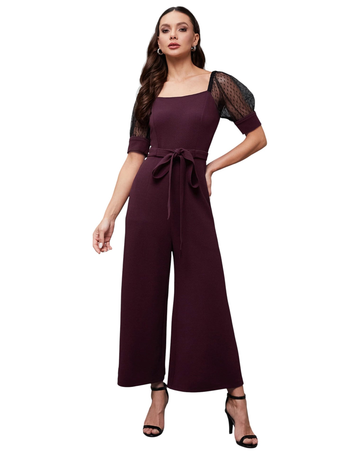 Miss Chase Womens Solid Square Neck Half Sleeve Relaxed Fit Jumpsuit (MCSS25D93-14-268-06, Dark Purple & Black, XL)