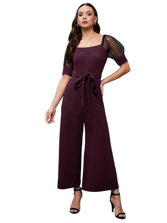 Miss Chase Womens Solid Square Neck Half Sleeve Relaxed Fit Jumpsuit (MCSS25D93-14-268-06, Dark Purple & Black, XL)