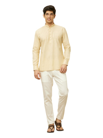 Manyavar Mens Beige Cotton Solid Short Kurtas