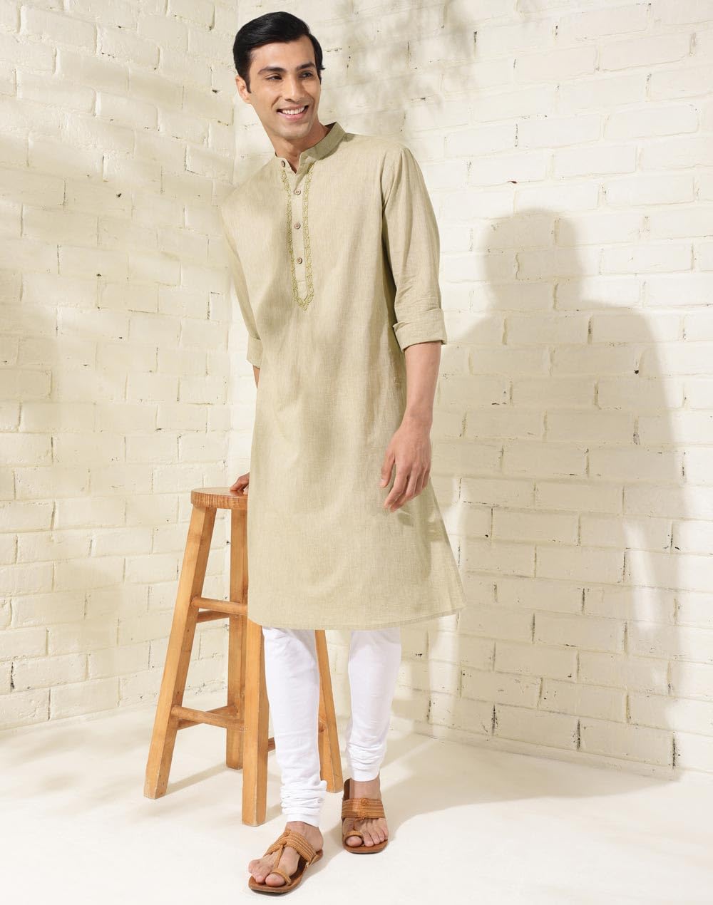 Fabindia Men's Cotton Embroidered Comfort Fit Kurta (1034516SAGE_Sage