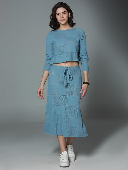 High Star Women'S Blue Pure Cotton Long Sleeves Round Neck Co-Ord Set